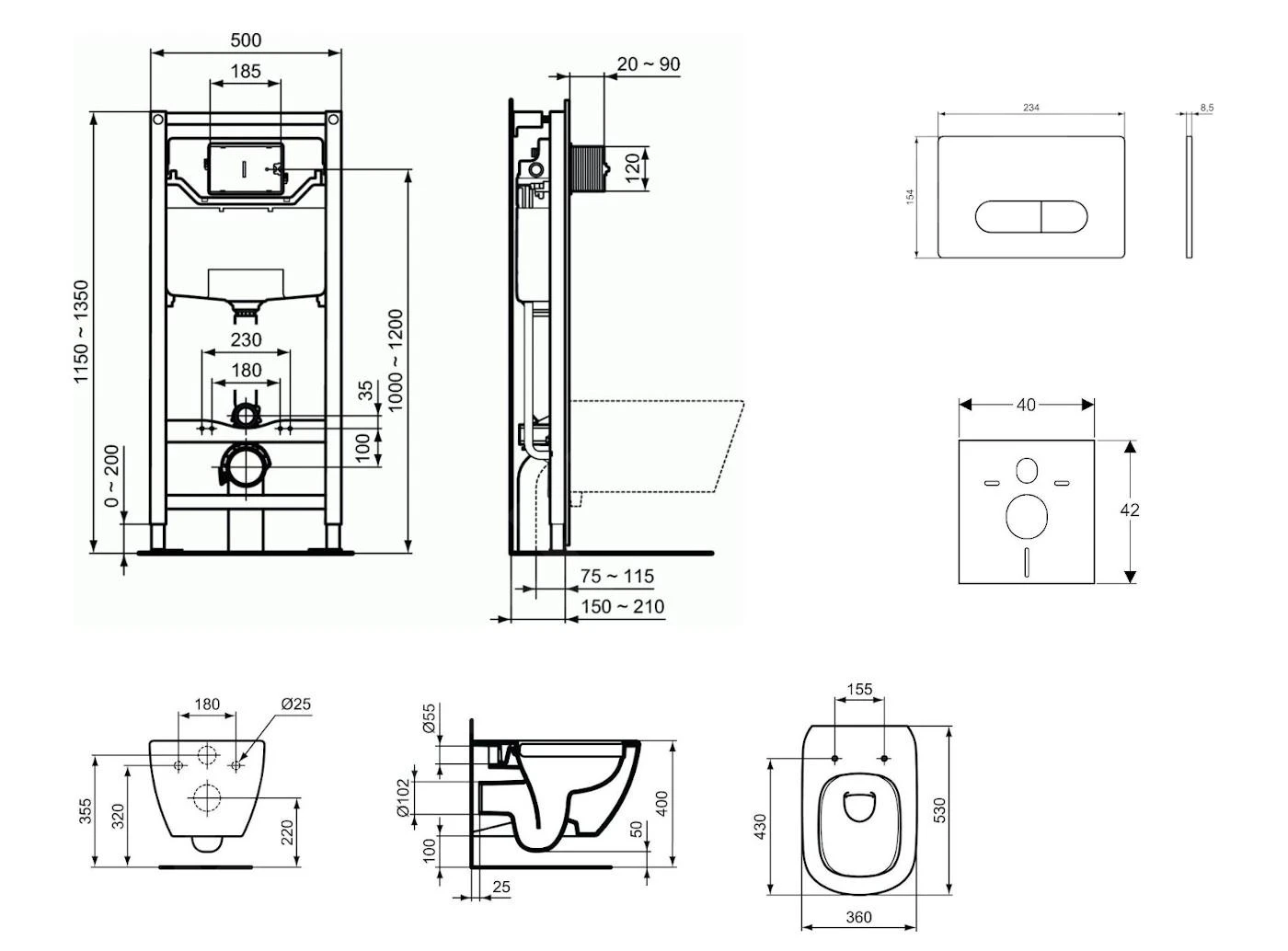 Ideal Standard ProSys - Toiletset- Inbouwreservoir, Closet, WC-zitting Tesi, Oleas M1 Bedieningsplaat, Rimless, SoftClose, Wit ProSys120M SP10 - Afbeelding 2