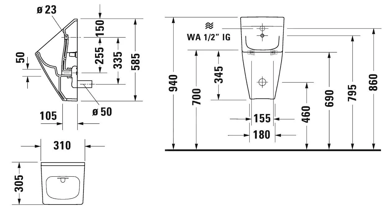Duravit Viu - Urinoir, Verdekte Toevoer, Rimless, Met WonderGliss, Wit 28163000071 - Afbeelding 2