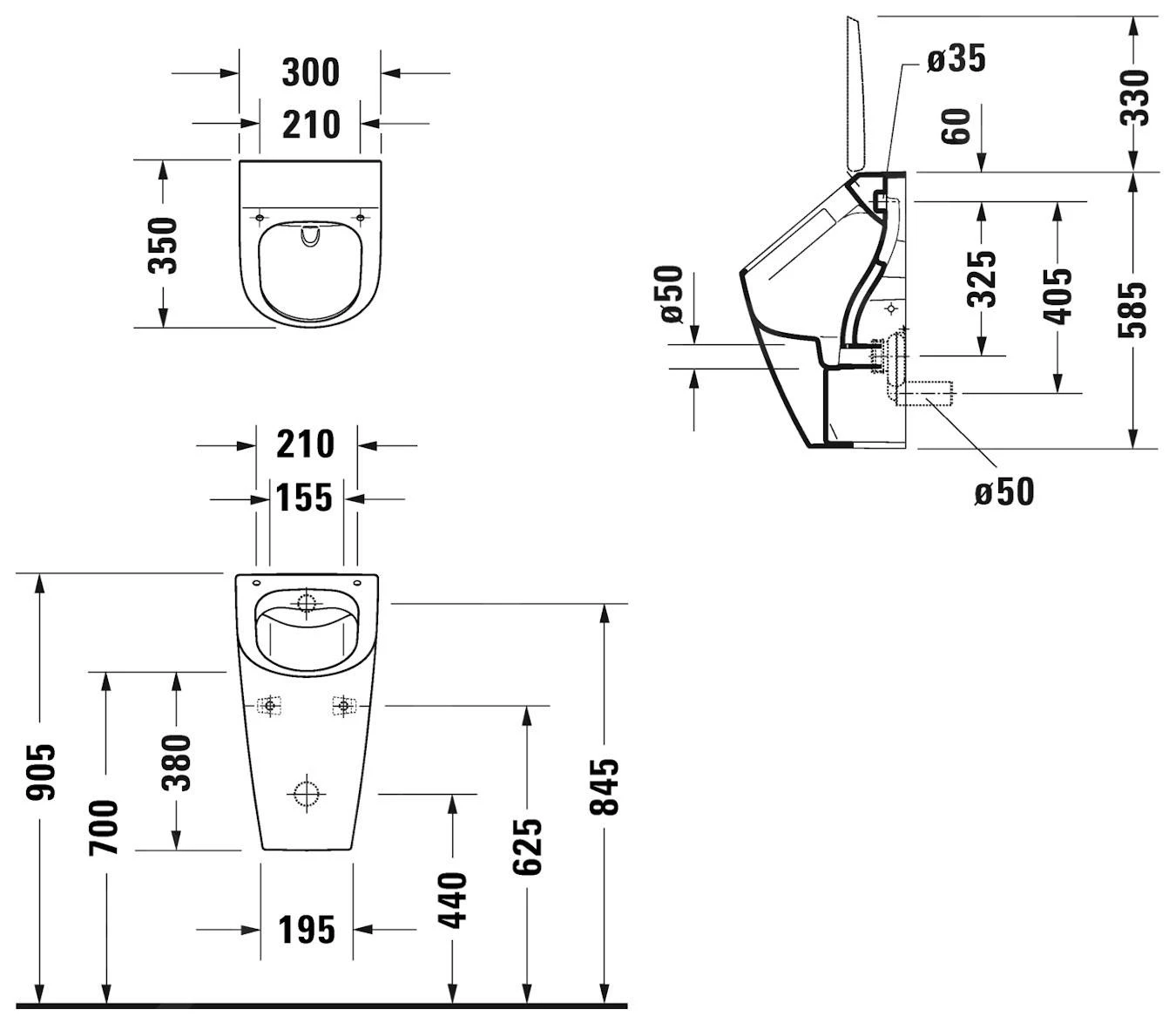 Duravit ME By Starck - Urinoir, Achterste Inlaat, Rimless, WonderGliss, Wit 28123000001 - Afbeelding 2